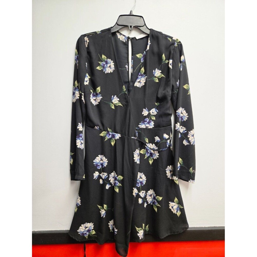 Lush Elly Wrap Dress Medium M Black Blue Floral Long Sleeve V-Neck Mini Career